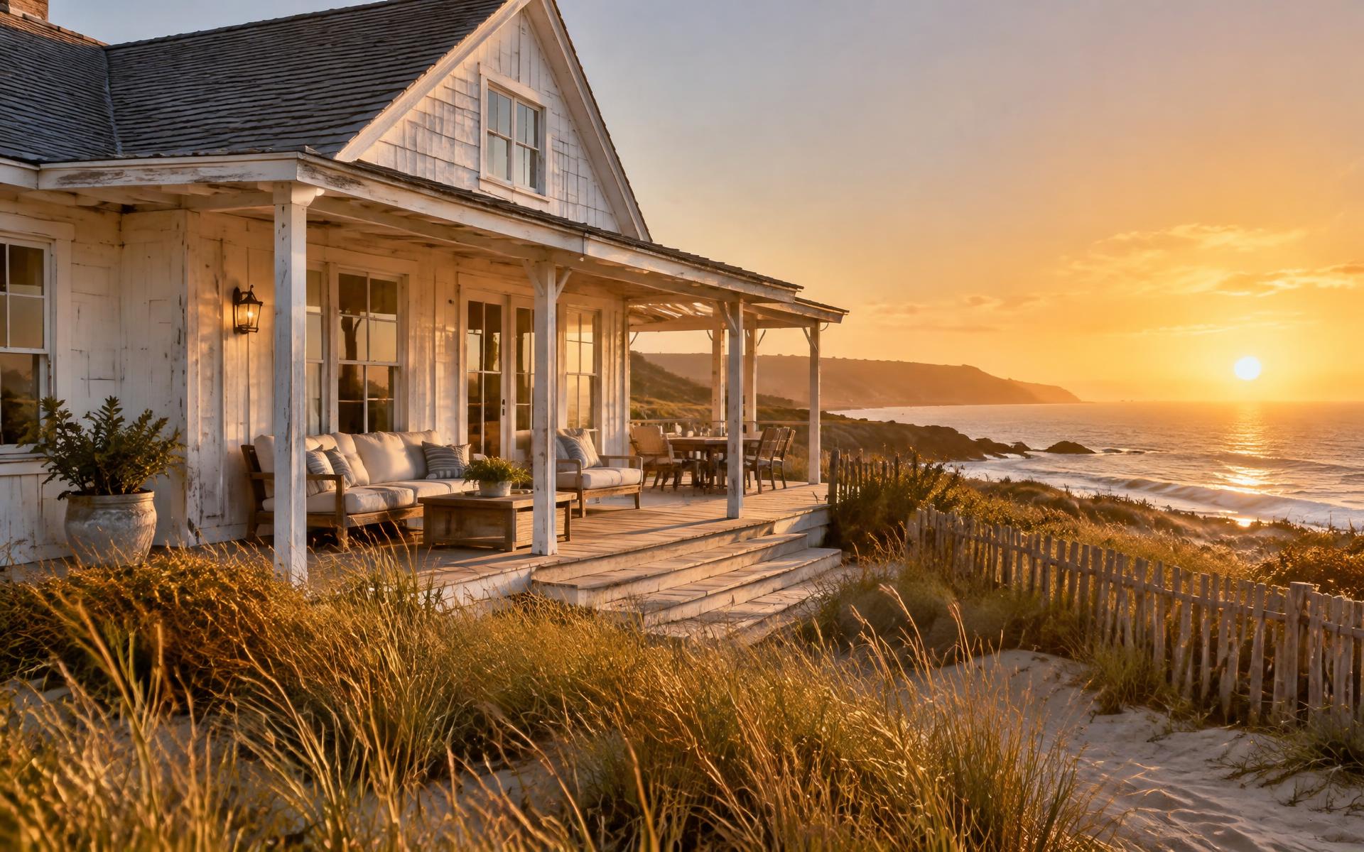 Driftwood Cottage at golden hour with dune grass and the ocean beyond