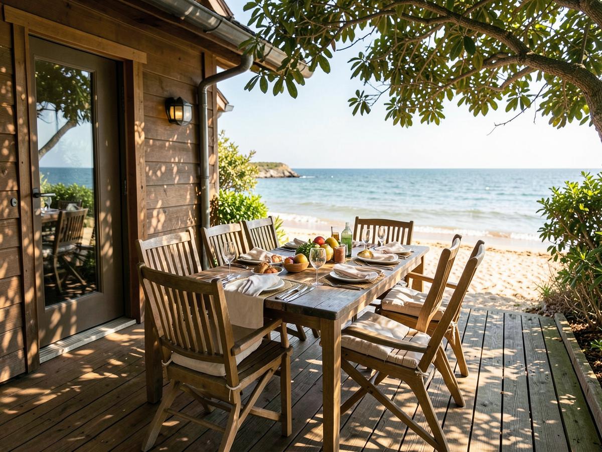 Outdoor table on the cottage deck facing the beach