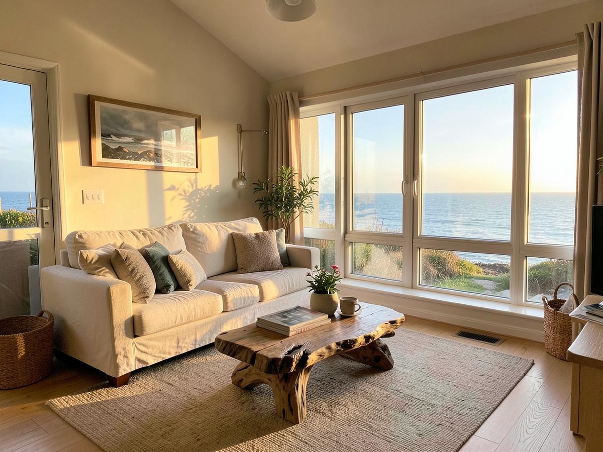 Living room with linen sofa and sea view